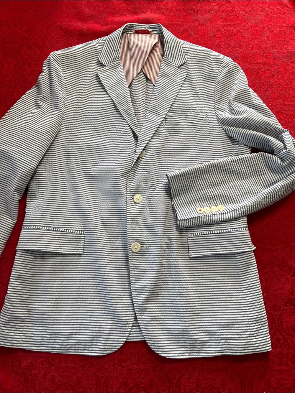 Brooks Brothers Red Fleece Seersucker Blazer Men 42R Blue White Striped